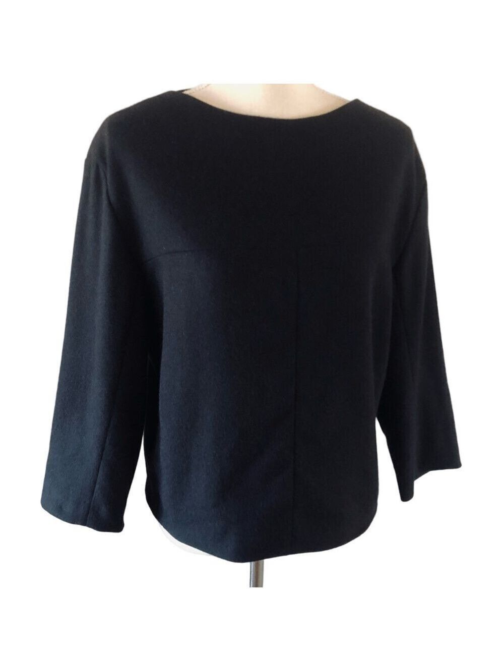 Narciso Rodriguez Black Wool Top Women's Boxy Boatneck 3/4 Sleeves Back Zipper